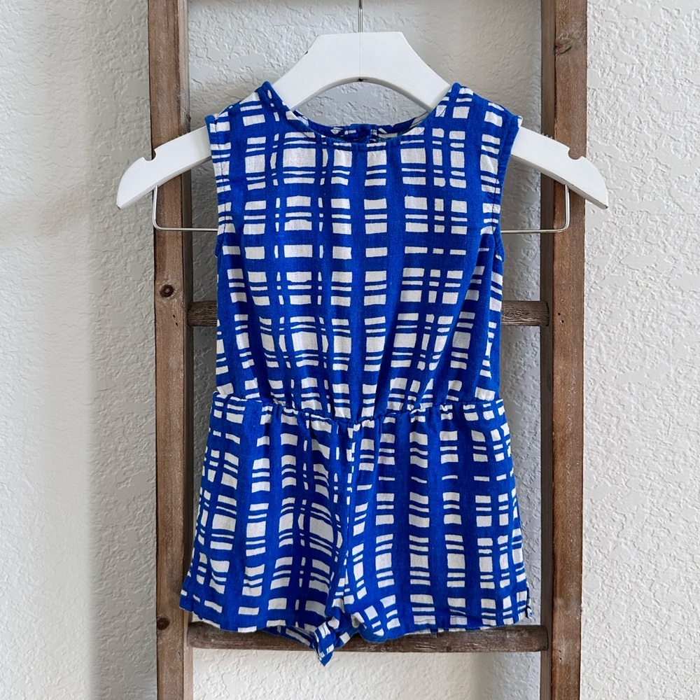 Old Navy Open Back Blue & White Pattern Linen Romper sz: 18-24M